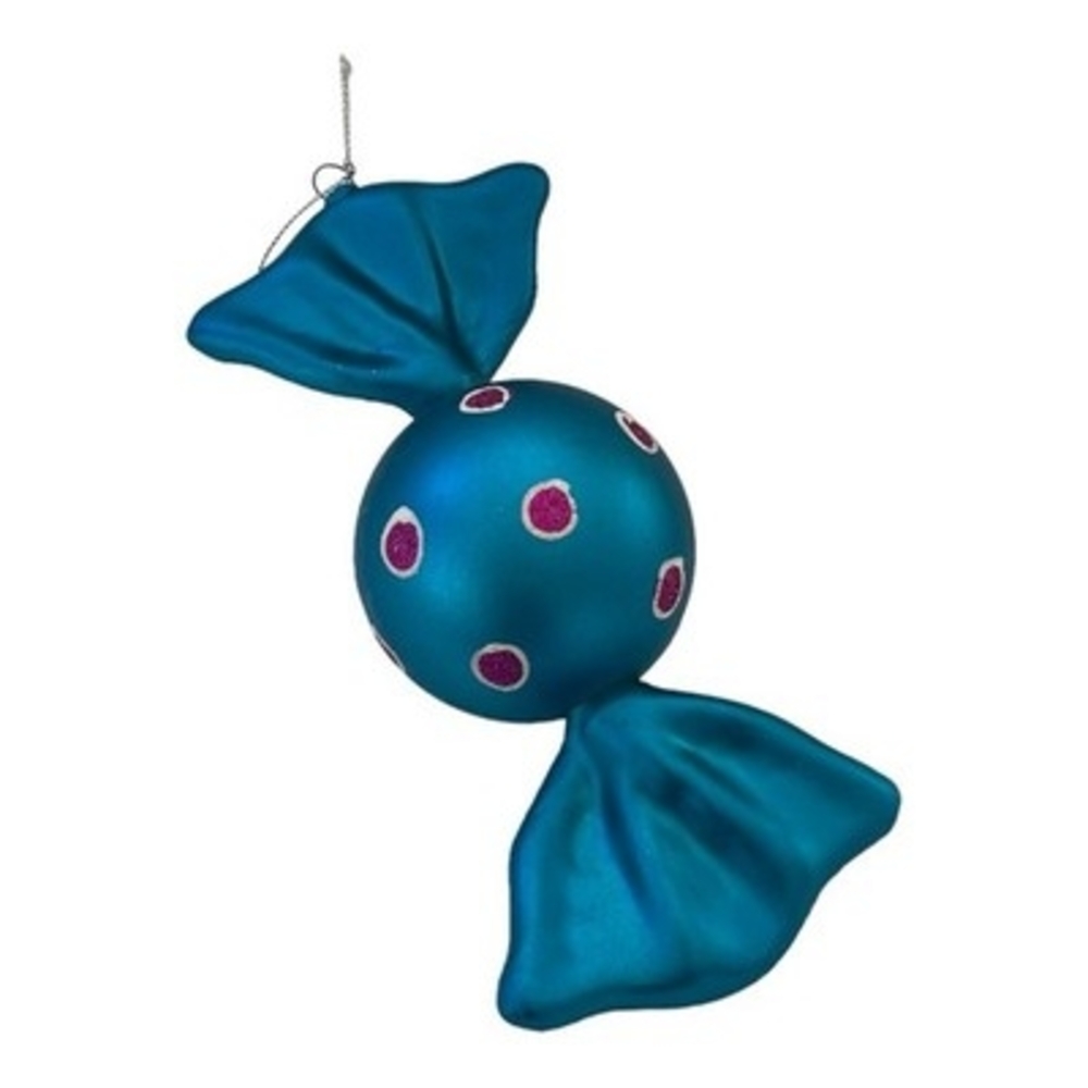 Large Blue Polkadot Wrapped Candy Ornament 6" Plastic Christmas Decor